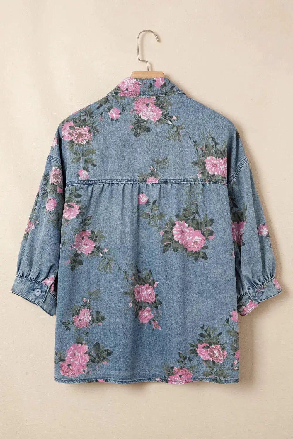 Floral print button-up denim shirt; pink flowers on blue wash, soft cotton blend, Trendsi.