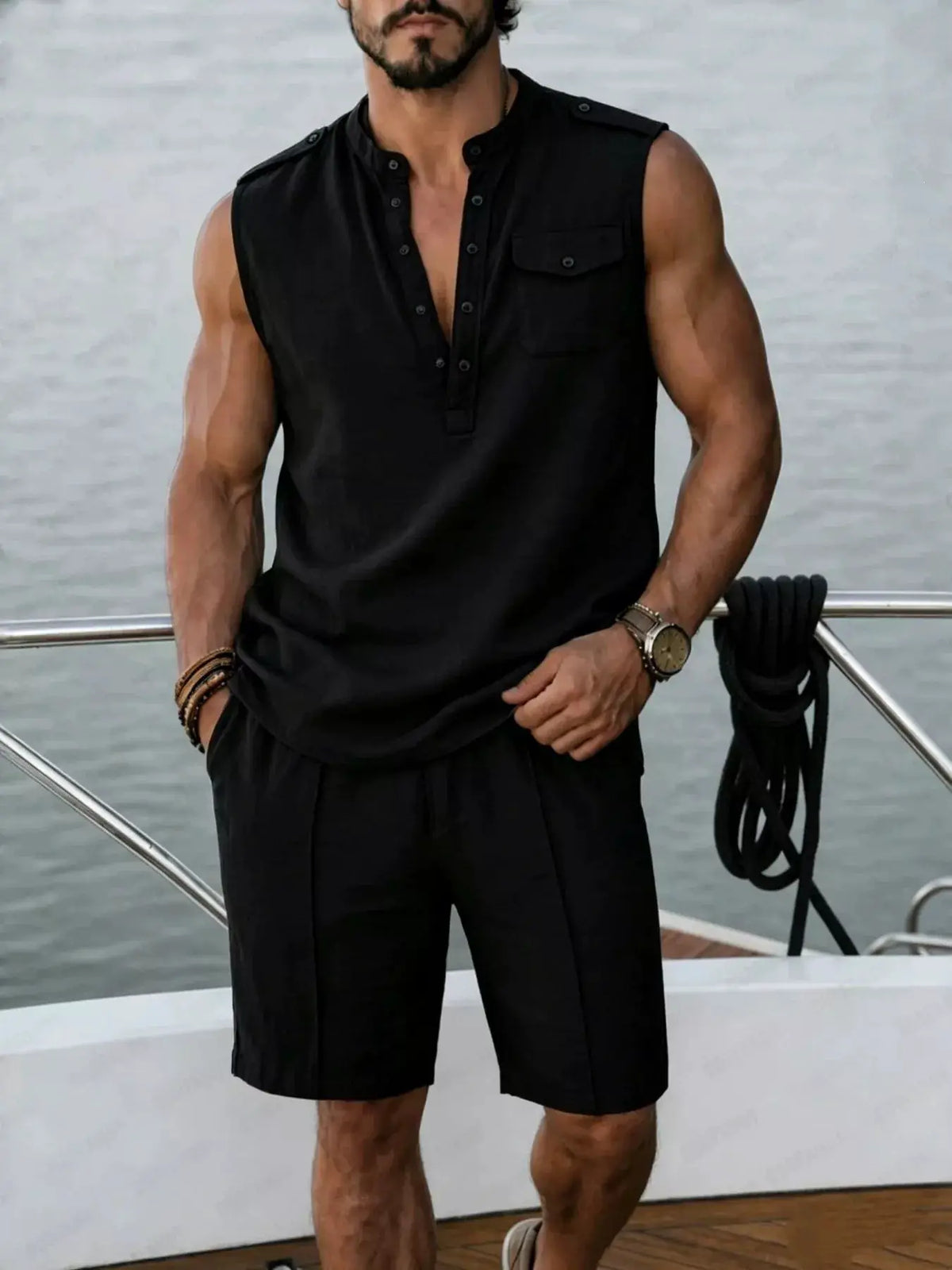 Plus Size Men Sleeveless Top And Shorts Two Piece Set, black