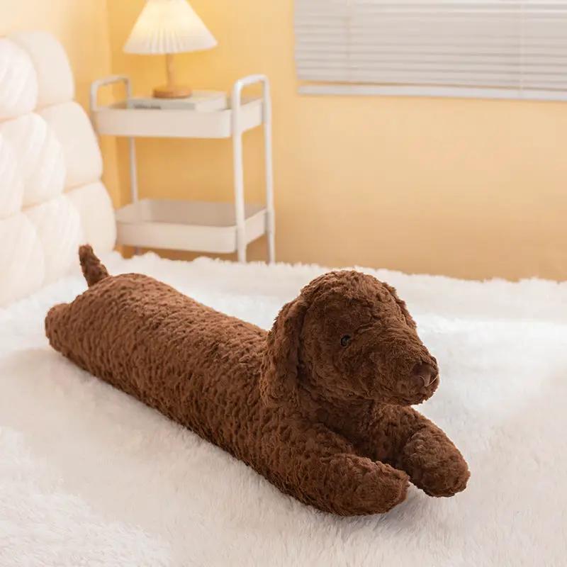 Dachshund plush long pillow in brown fur for cozy hugging and lounging.