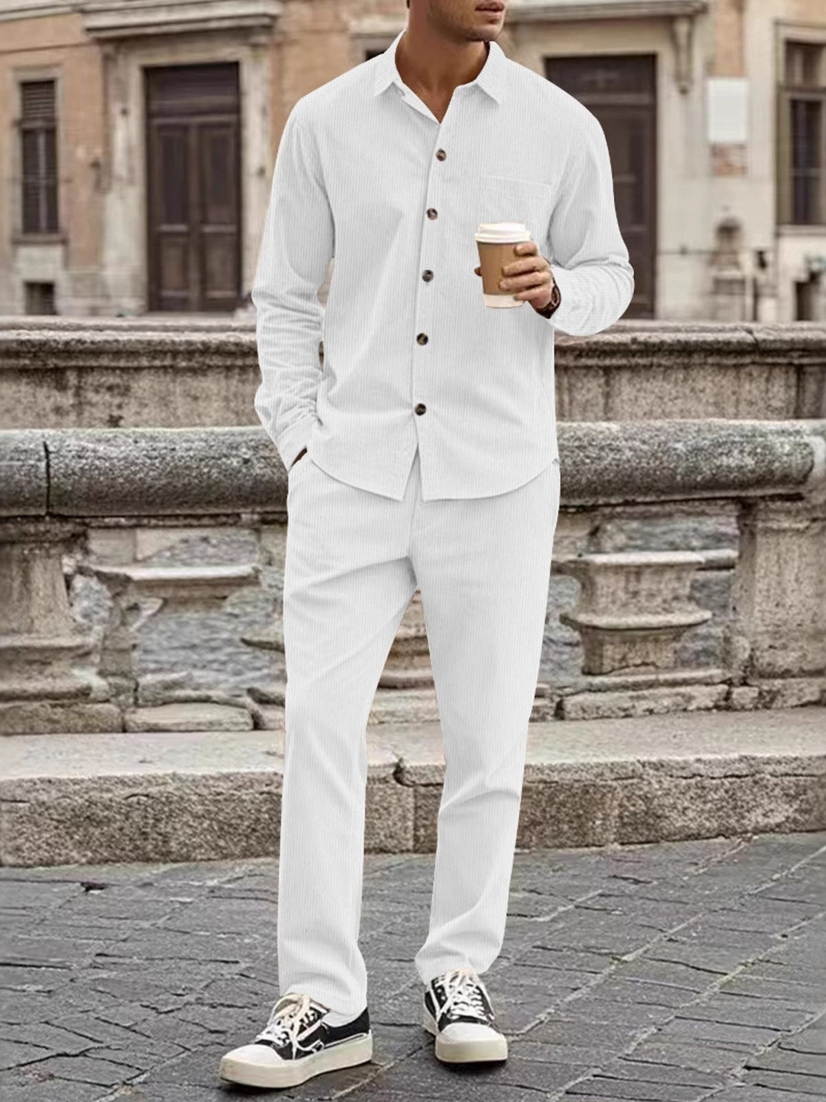 Men's plus-size button-up long-sleeve shirt and matching pants set in cream with subtle stripes.