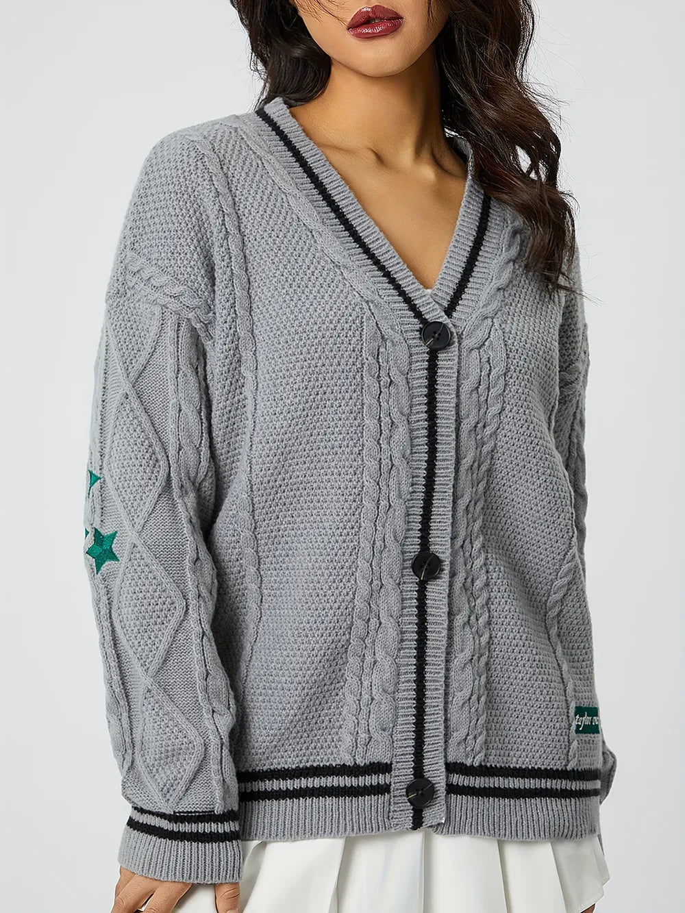 Womens Star Embroidered V-Neck Knit Cardigan by Trendsi, gray cable-knit with black striped trim and teal stars