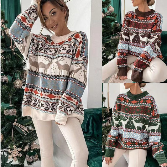 Pull à manches longues en jacquard pour femme, col rond, coupe ample, motif de Noël