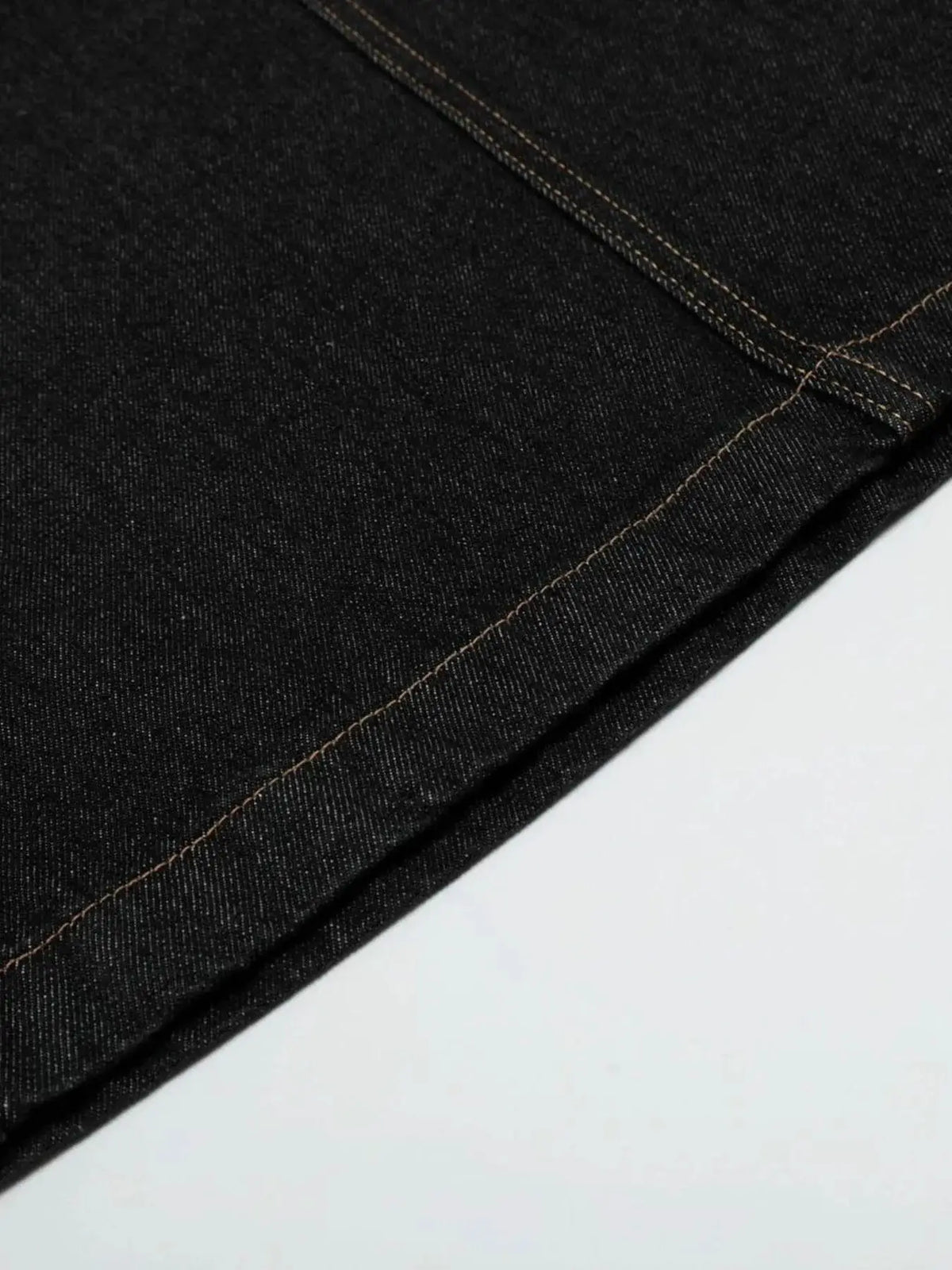 Men's wide-leg denim shorts, dark indigo cotton blend with orange contrast stitching.