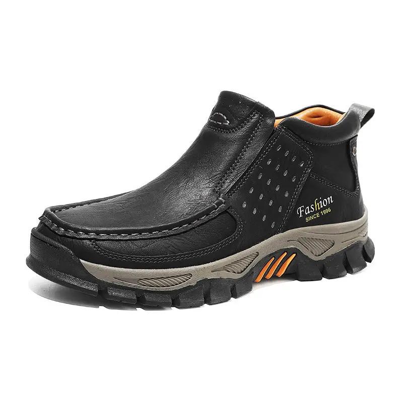 Mens Casual Metal Ankle Boots with black leather upper and rugged gray outsole