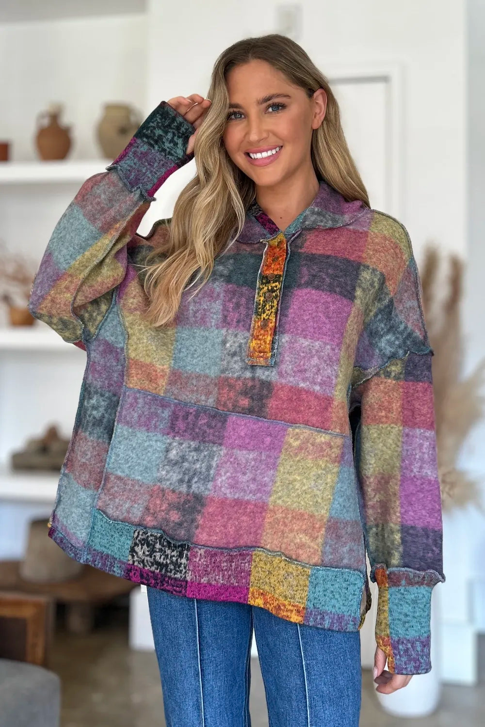 Double Take plaid fleece hoodie with multicolor patchwork, dropped-shoulder, plus size