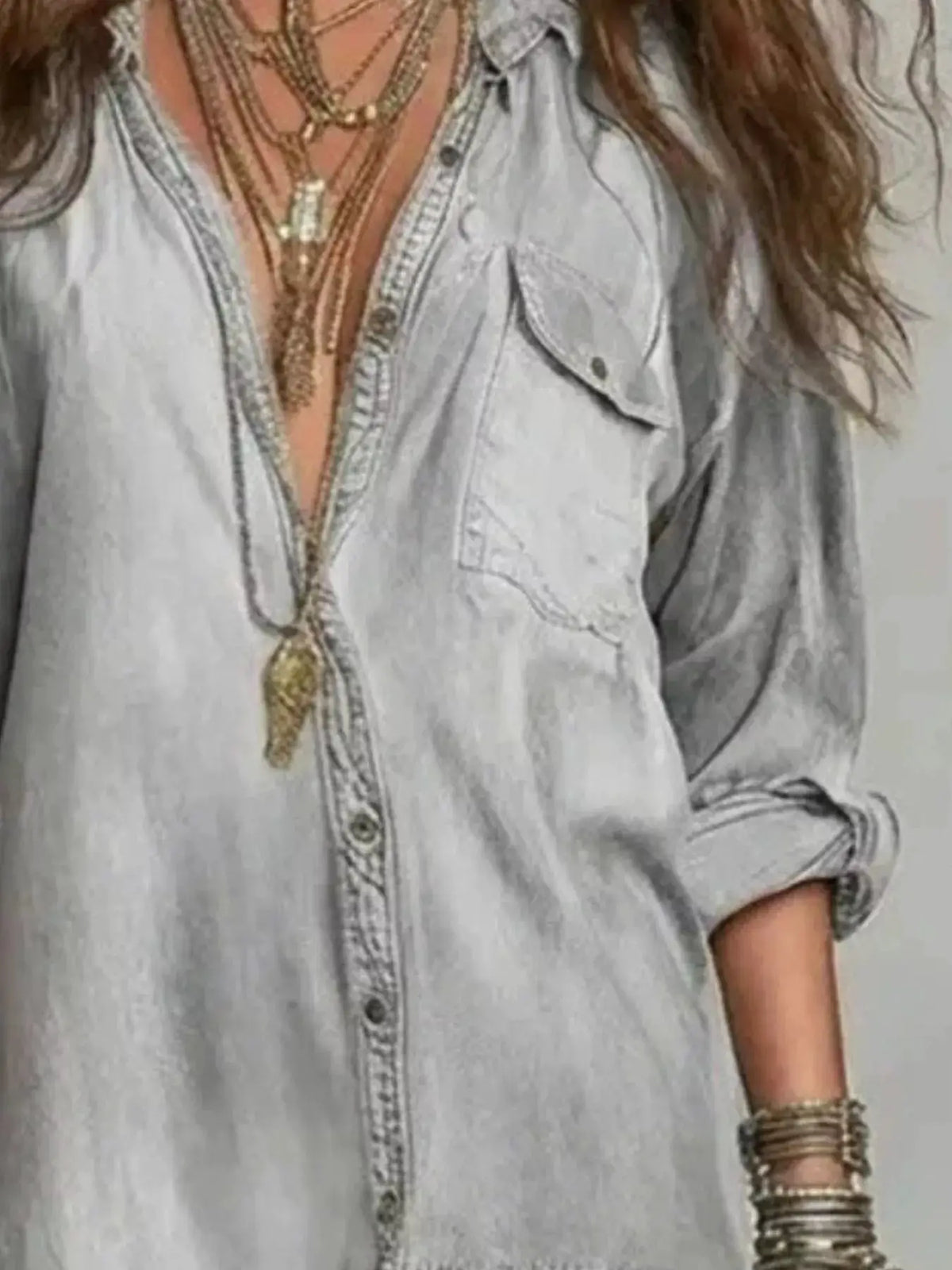 Denim shirt maxi dress with tiered long sleeves, Trendsi plus-size light-wash with chest pockets