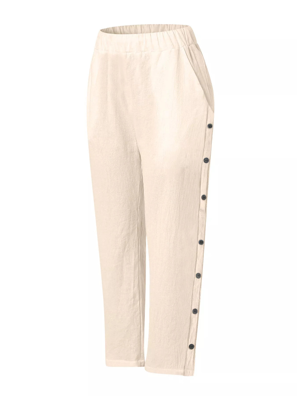 Full Size Side Button Decor Pants Plus Size, beige pocketed trousers with side button trim
