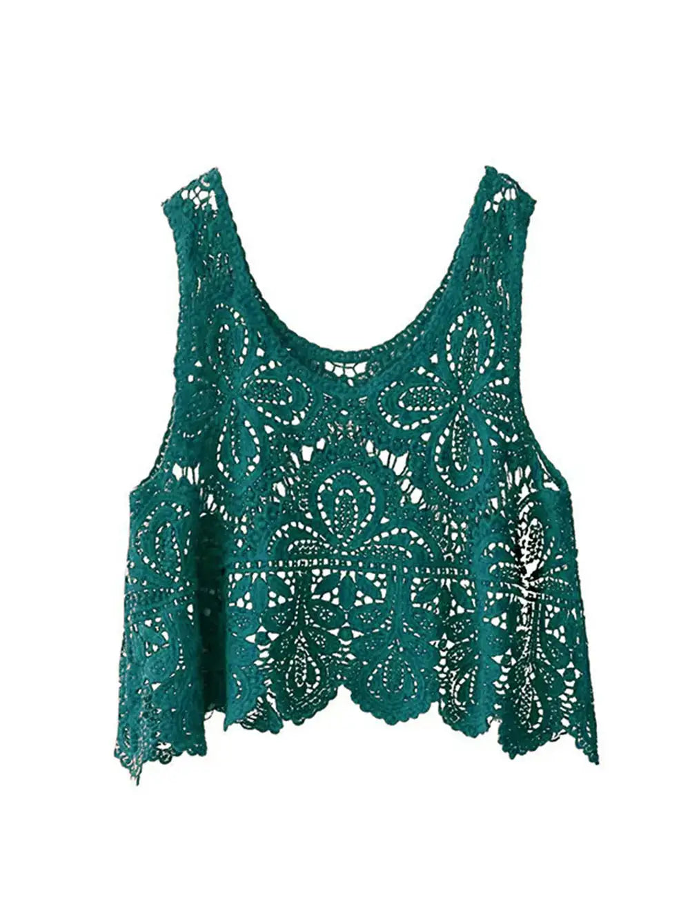 Lightweight pure cotton sleeveless cover-up in teal lace with scoop neck and scalloped hem