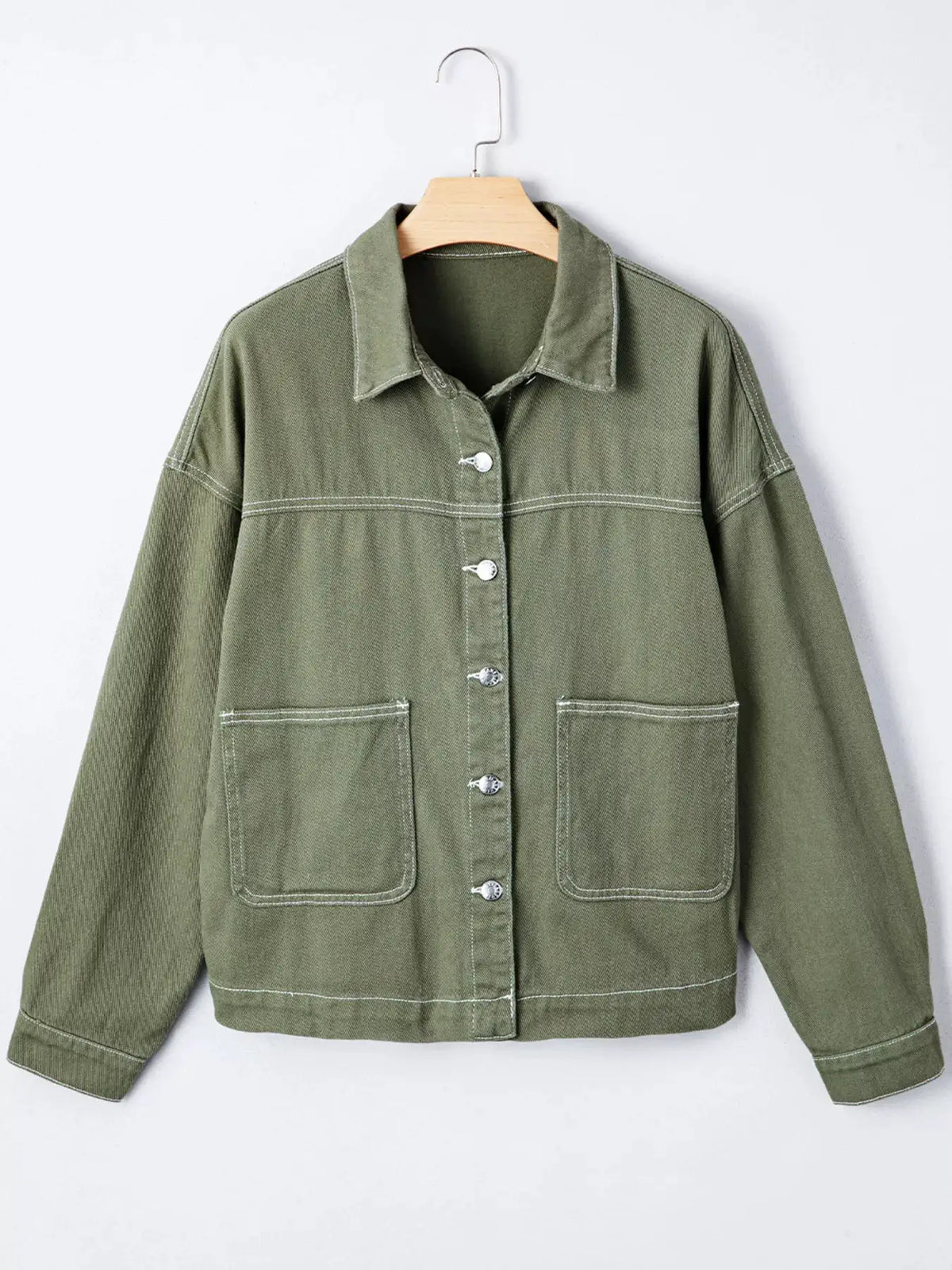 Boyfriend olive denim jacket with front patch pockets and metal button closure