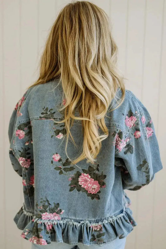 Women’s floral-print denim jacket in blue with a delicate ruffled hem from Trendsi.