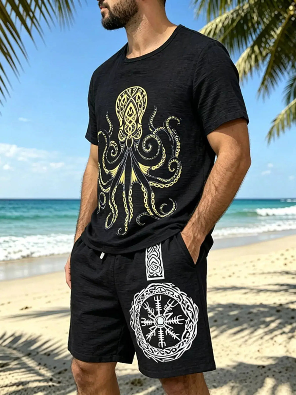 Mens two-piece black loungewear set with tee featuring gold octopus print and white circular motif shorts (plus size)