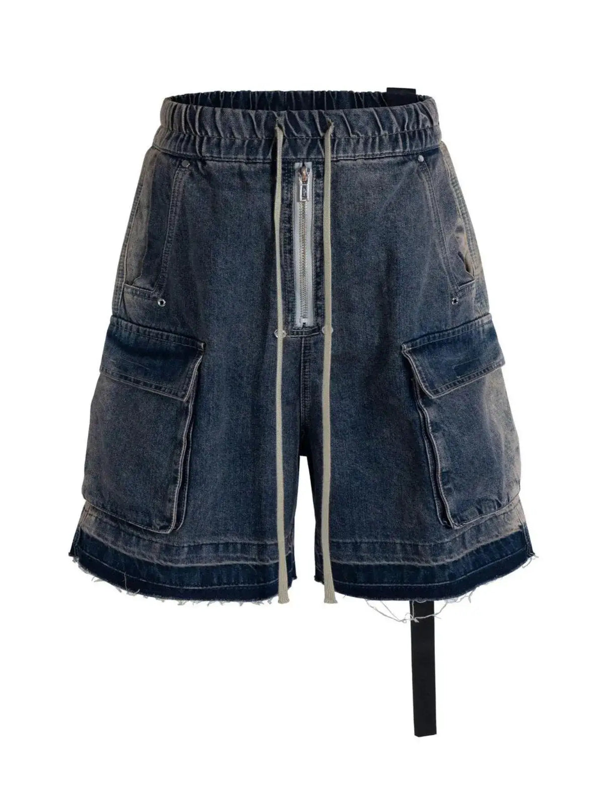 Mens cargo denim shorts with drawstring waistband, front zipper, and cargo pockets.