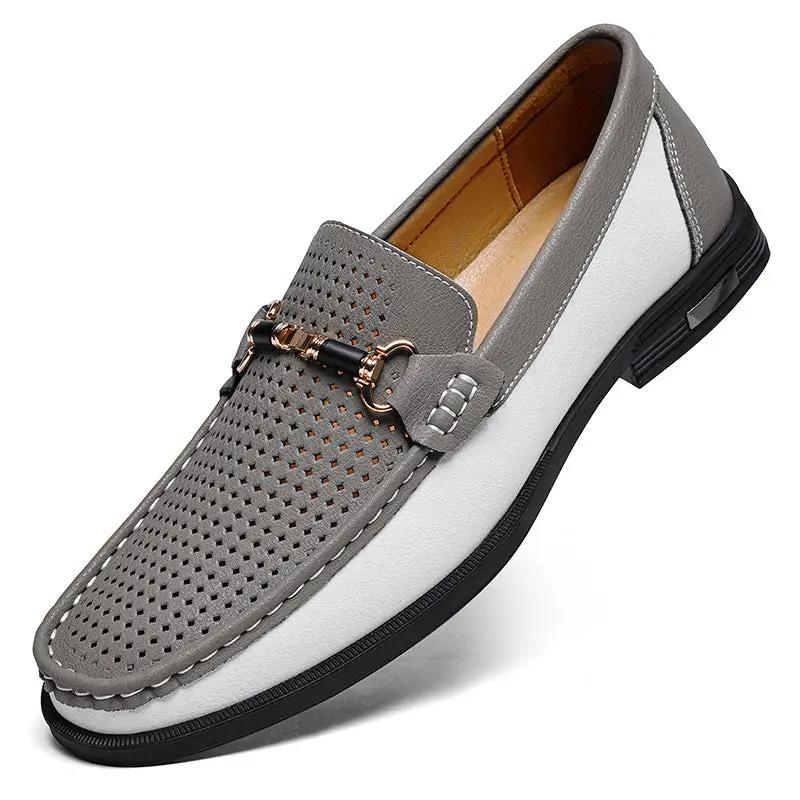 Meridian genuine leather casual moccasin slip-on flats by AdTec, gray perforated loafer with buckle detail