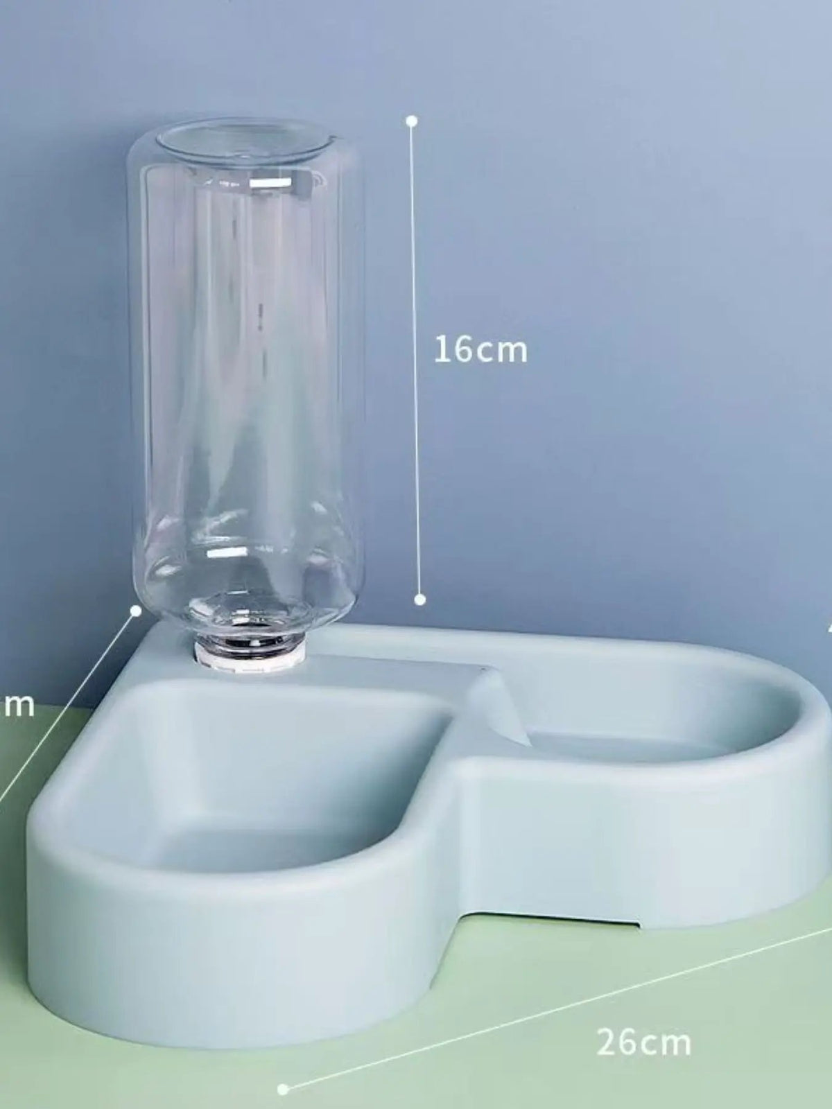Automatic water-refilling pet bowls with a clear plastic reservoir on a white dual-bowl base