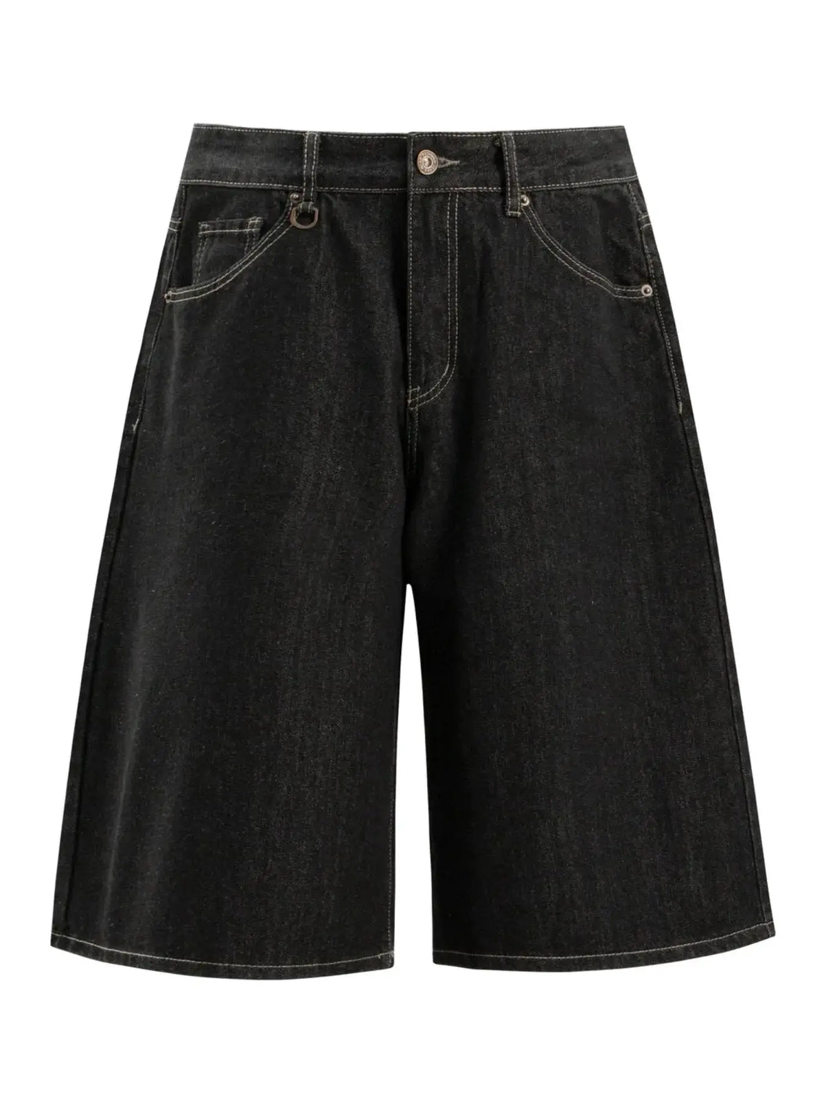 Men's loose-fit denim shorts, dark wash with contrast stitching and belt loops
