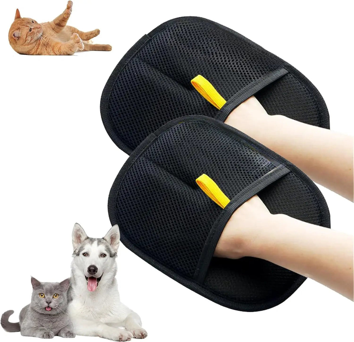 Pet Electrostatic Hair Removal Gloves by AdTec; two black mesh gloves with yellow loops for two-way brushing; removes cat and dog hair.