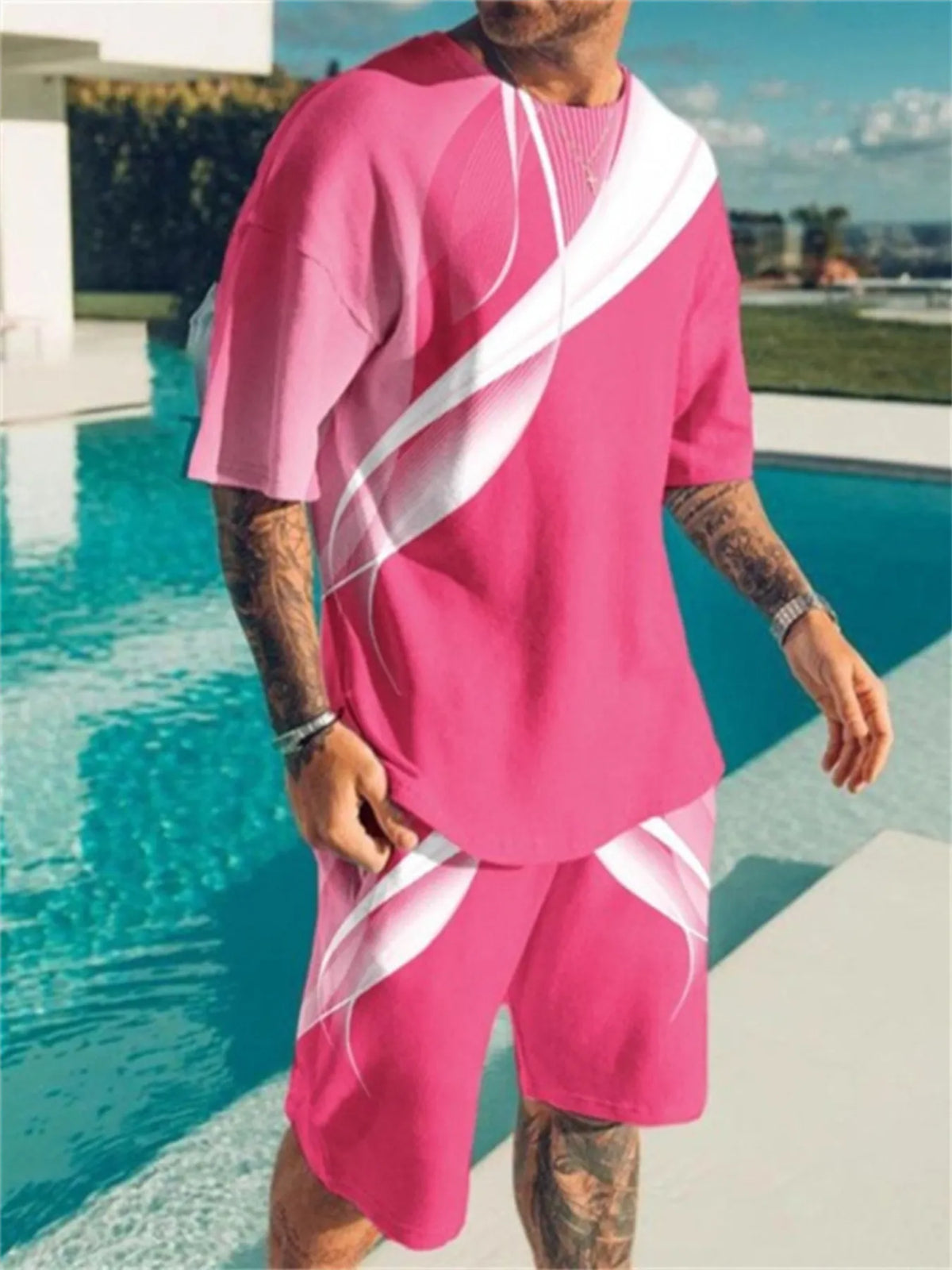 Men's pink contrast short-sleeve top and shorts set, plus size, white diagonal stripes, by Trendsi