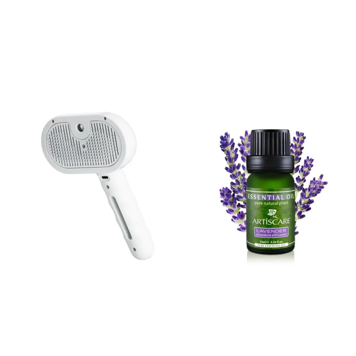 White pet grooming brush and Articare lavender essential oil bottle (two items)