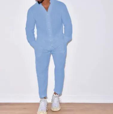 Men's summer linen two-piece casual outfit in light blue shirt and pants