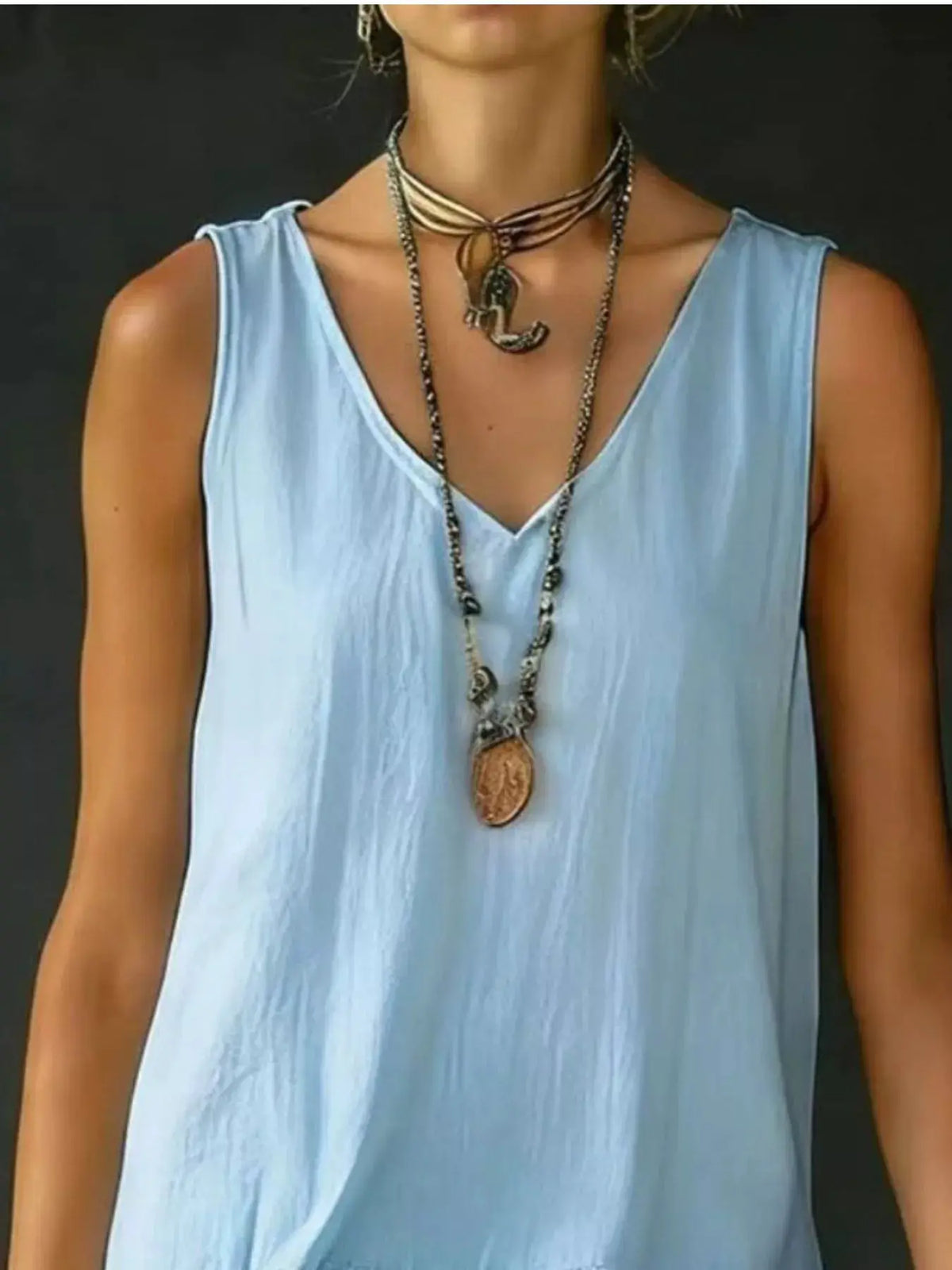 Full Size Ruffled Hem V-Neck Sleeveless Dress Plus Size in light blue