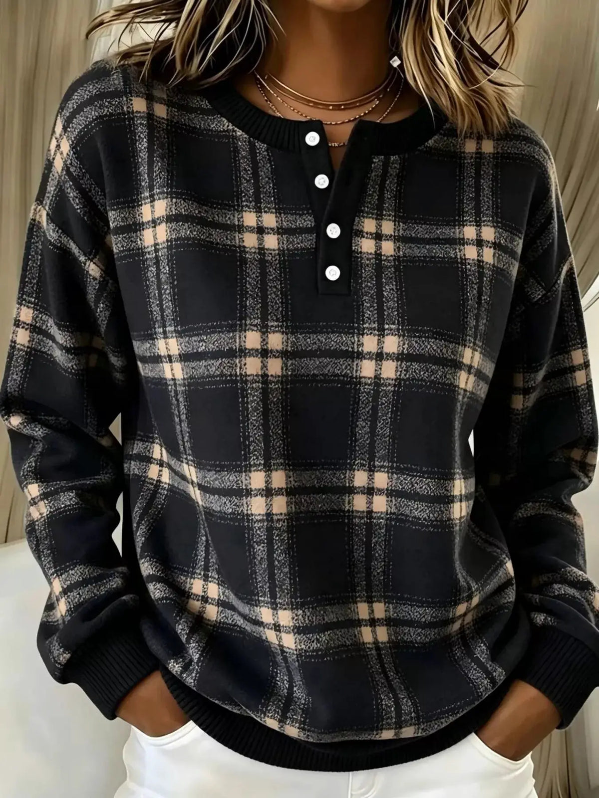 Plus-size women's plaid button-front sweatshirt in black and tan, long sleeves with ribbed cuffs and hem, Trendsi