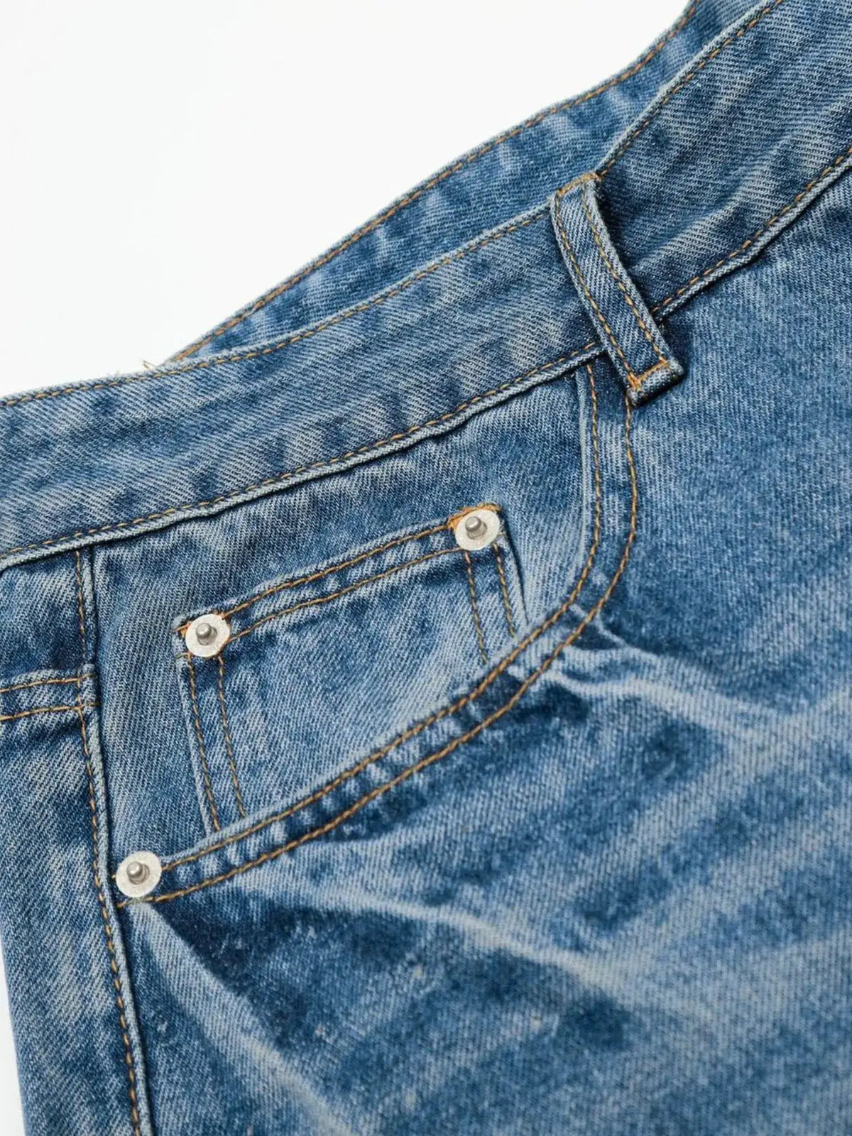 Men's Relaxed Fit Wide-Leg Washed Cotton Denim Shorts, blue denim with contrast stitching and metal rivets