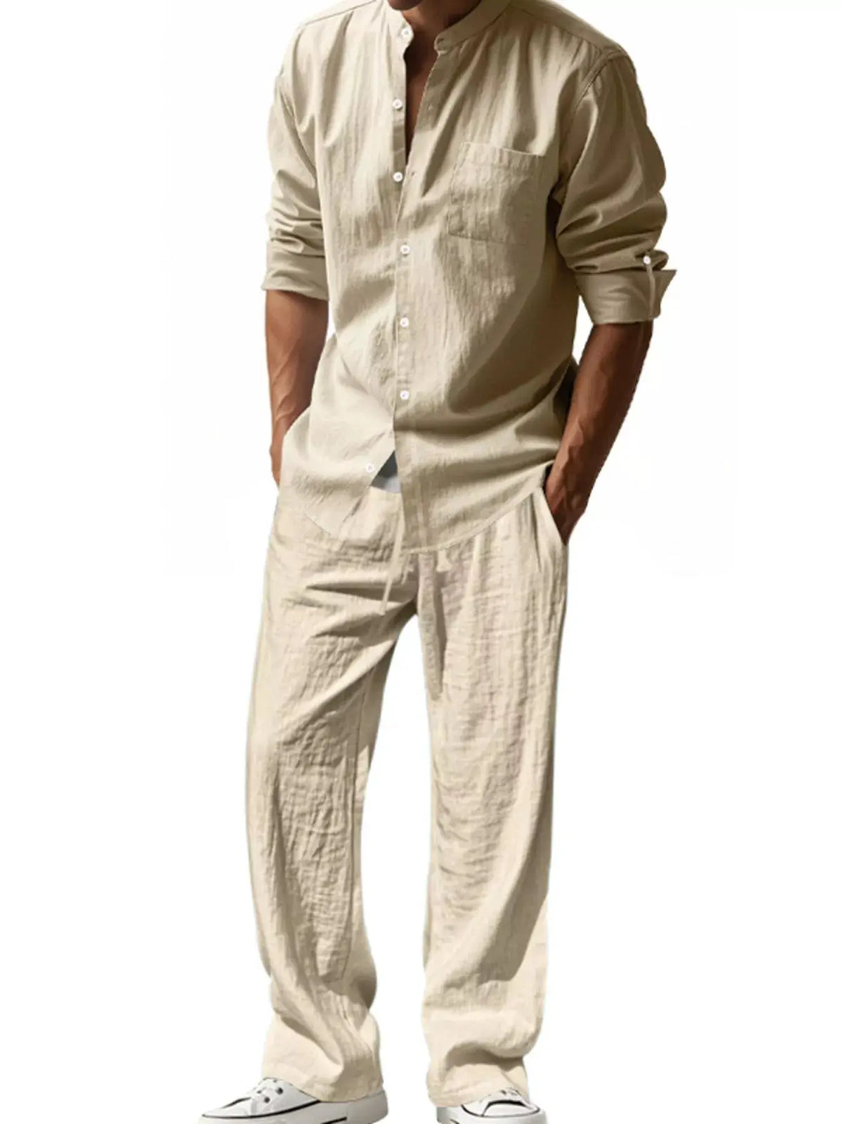 Men's beige linen-blend button-front shirt and matching pants set by Trendsi