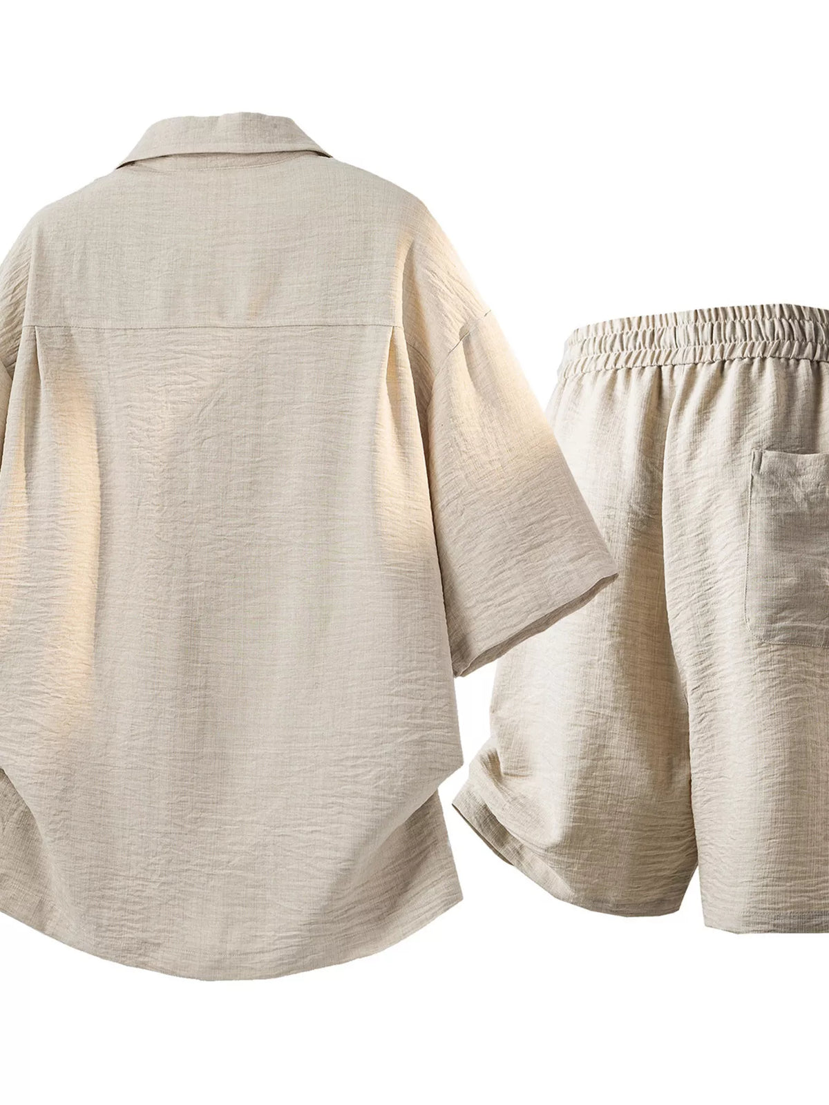 Beige men's plus-size shirt and shorts set; linen-look, button-up short-sleeve top with matching drawstring shorts