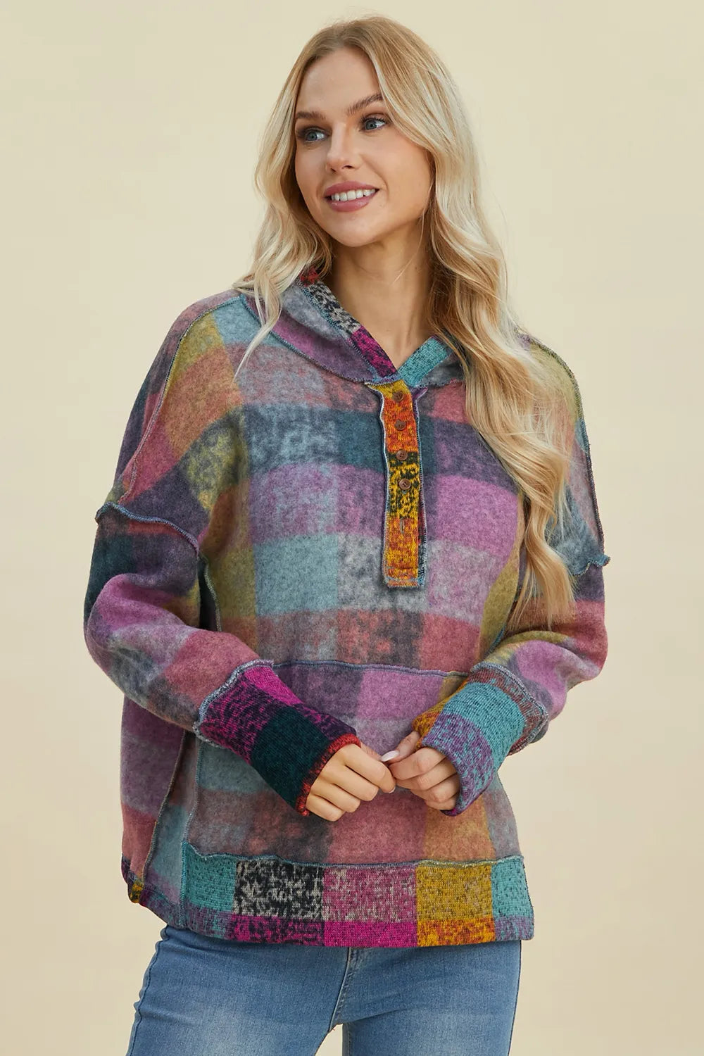 Double Take plaid fleece hoodie, plus size, multicolor dropped-shoulder pullover by Trendsi