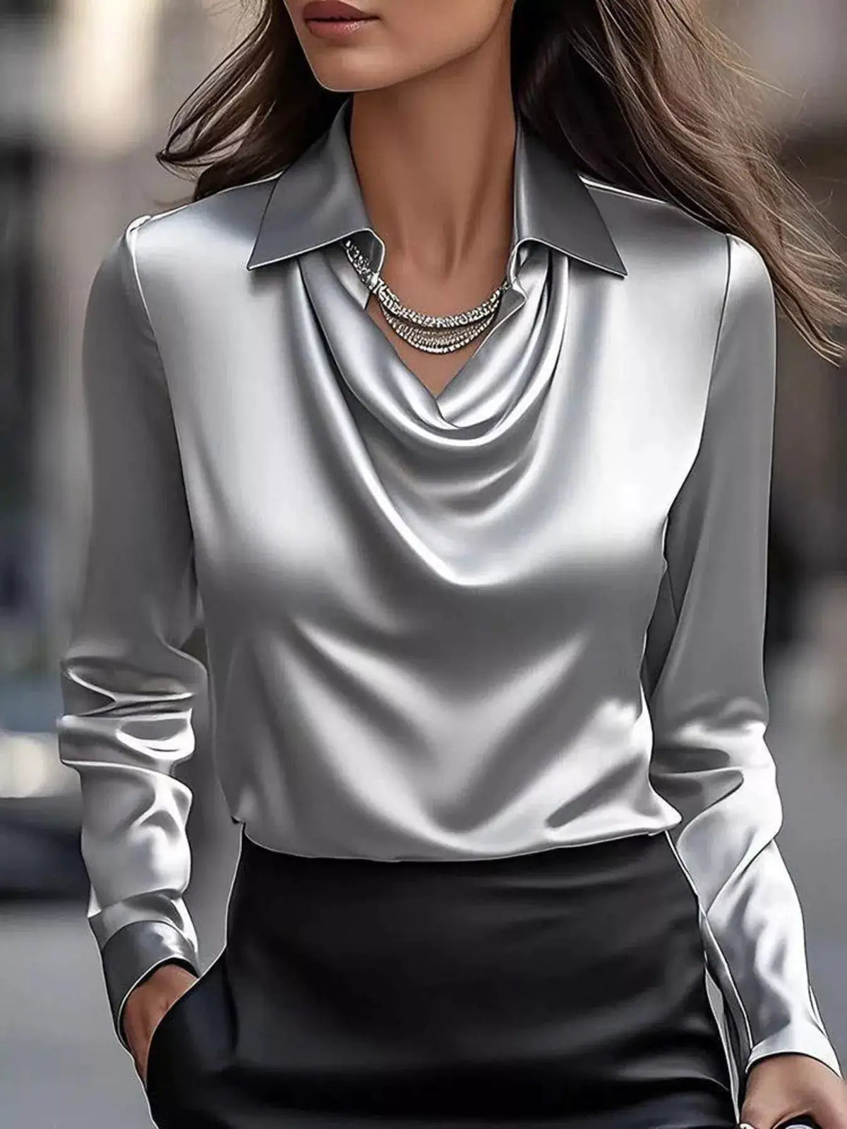 Full Size Satin Cowl Neck Long Sleeve Blouse Plus Size in silver by Trendsi