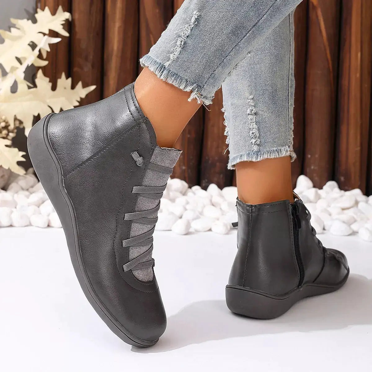 Lace-Up Faux Leather Ankle Boots pair in dark gray with side zipper