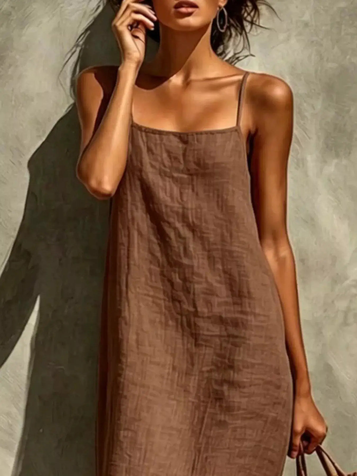 Sleeveless Linen Casual Maxi Dress by Trendsi in warm brown with spaghetti straps