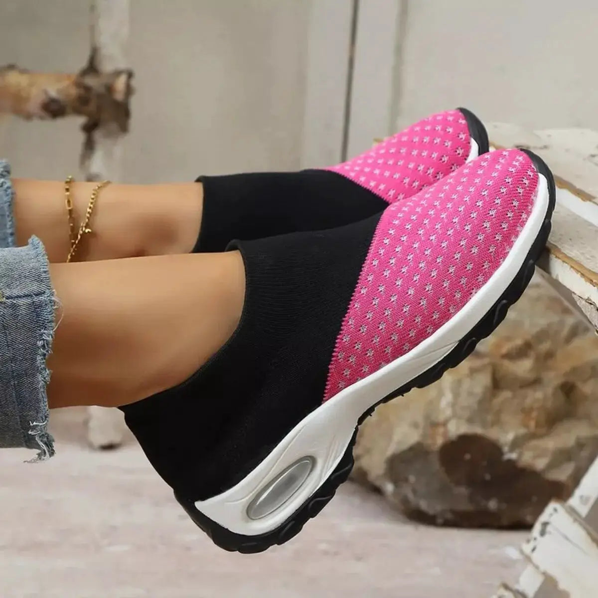 Color Block Mesh Athletic Shoes; pink mesh upper with black sock-like collar and white sole