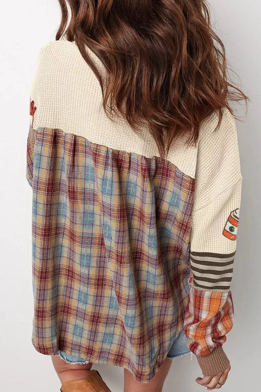Sequin Autumn Leaf & Coffee Cup Waffle Knit Top by Trendsi; cream yoke, plaid body, coffee cup patch on striped sleeves.