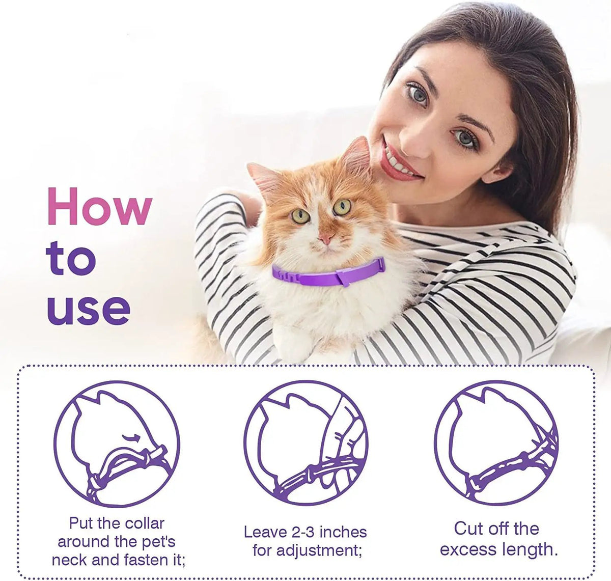 Cat calming collar, purple adjustable design, shown on a cat held by a smiling woman