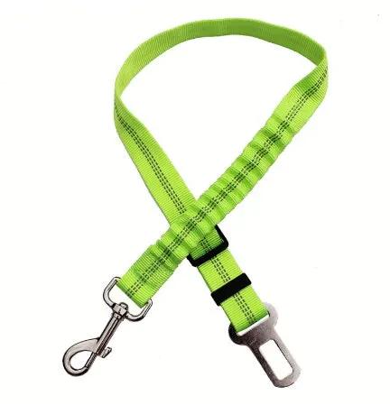 Adjustable dog car seat belt by AdTec in lime-green reflective elastic strap with metal clip and buckle.