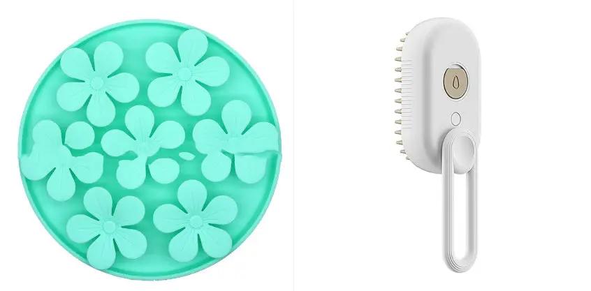 AdTec 2-piece Cat Steam Brush 3-in-1 pet grooming set: turquoise silicone pad with flower shapes and white handheld brush