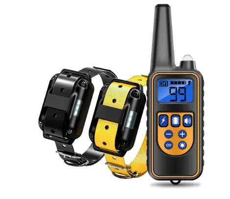 Remote control dog training device with two AdTec collars in black and yellow and handheld transmitter.