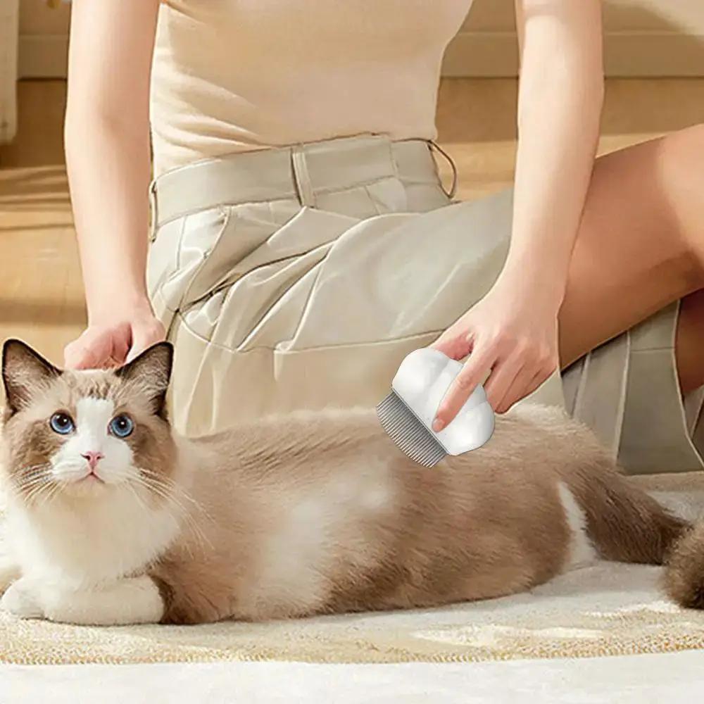 Dog grooming comb with white shell and metal teeth brushing a brown-and-white cat.