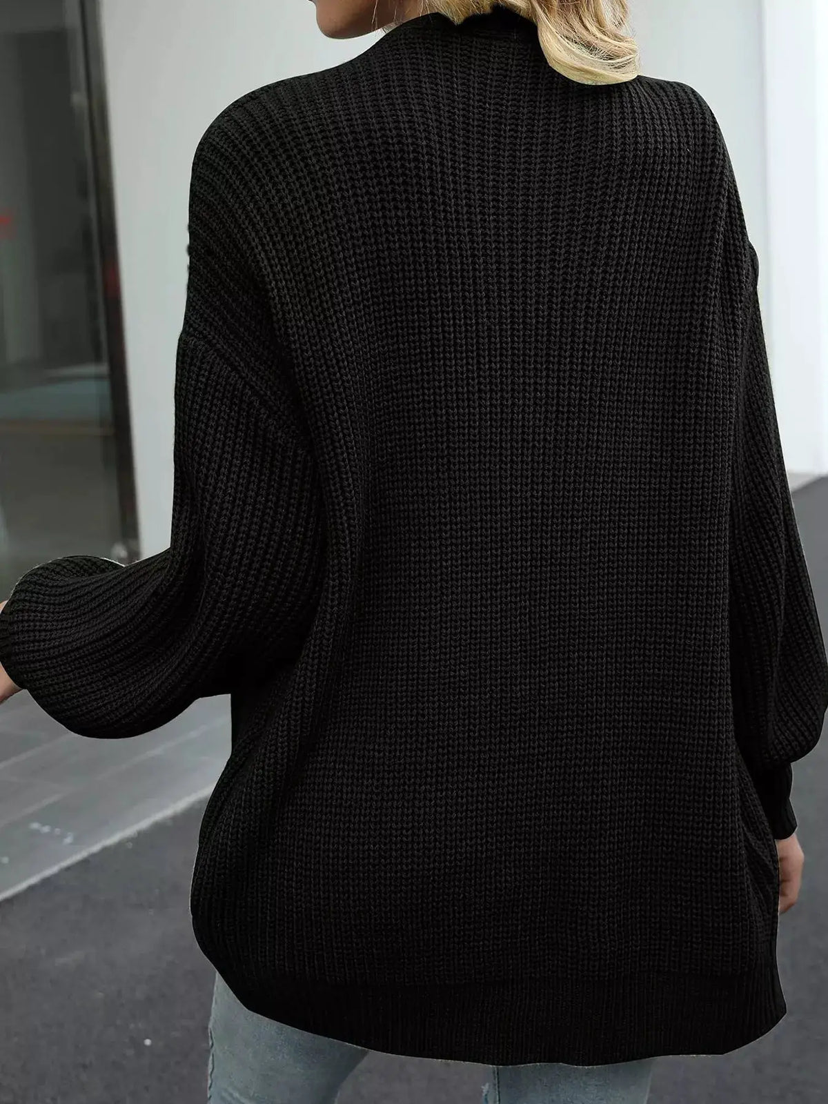 Trendsi cozy oversized chunky knit cardigan, black open-front with lantern sleeves