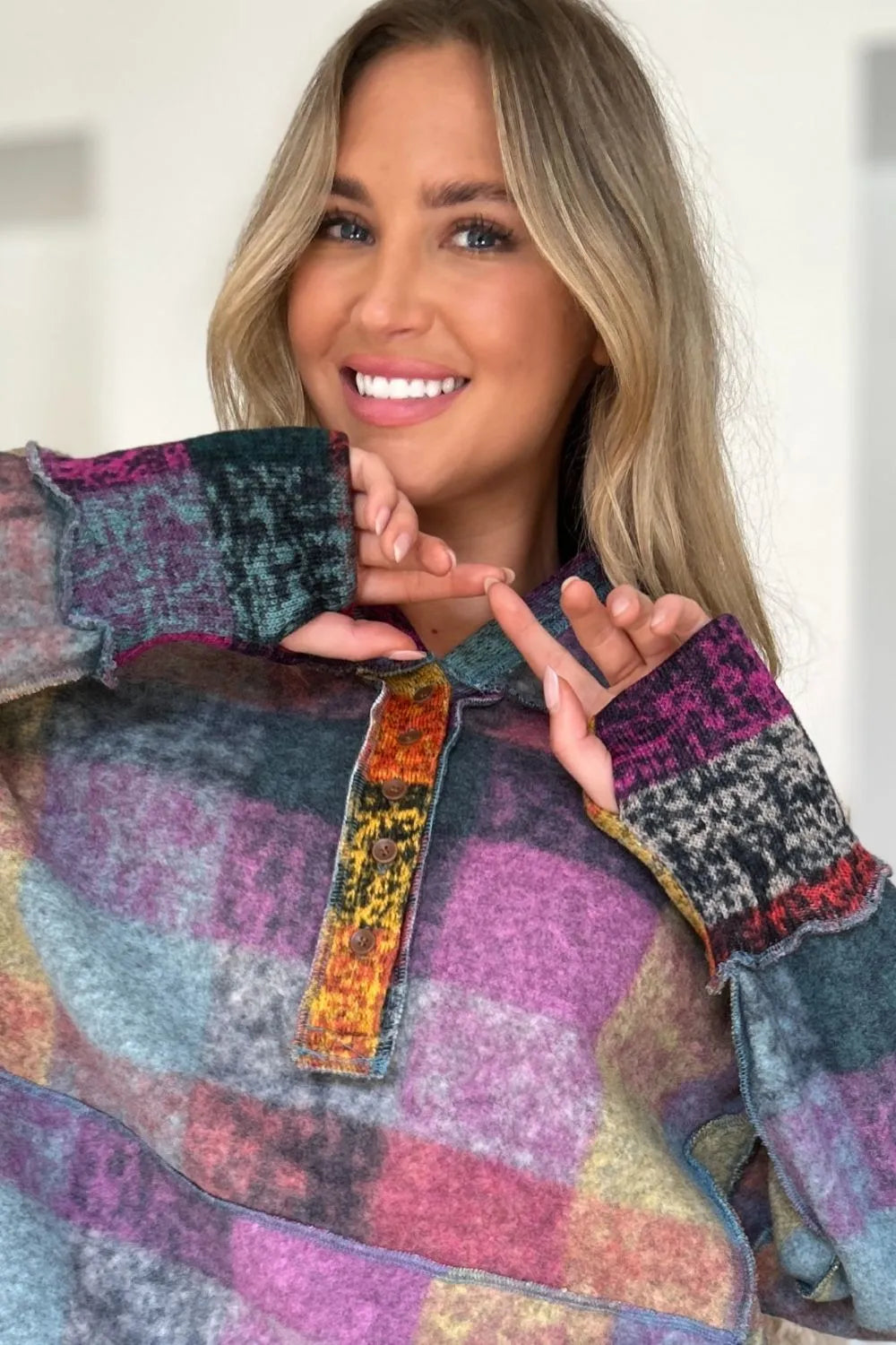 Double Take full-size plaid fleece hoodie with dropped shoulders, plus size, multicolor patchwork