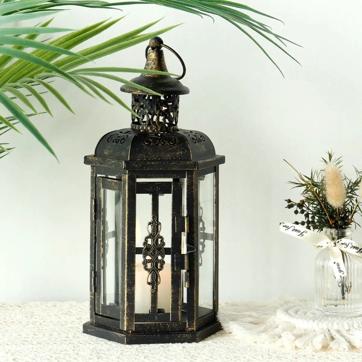 10-inch high decorative candle lantern by JHY DESIGN, antique black metal with glass panels