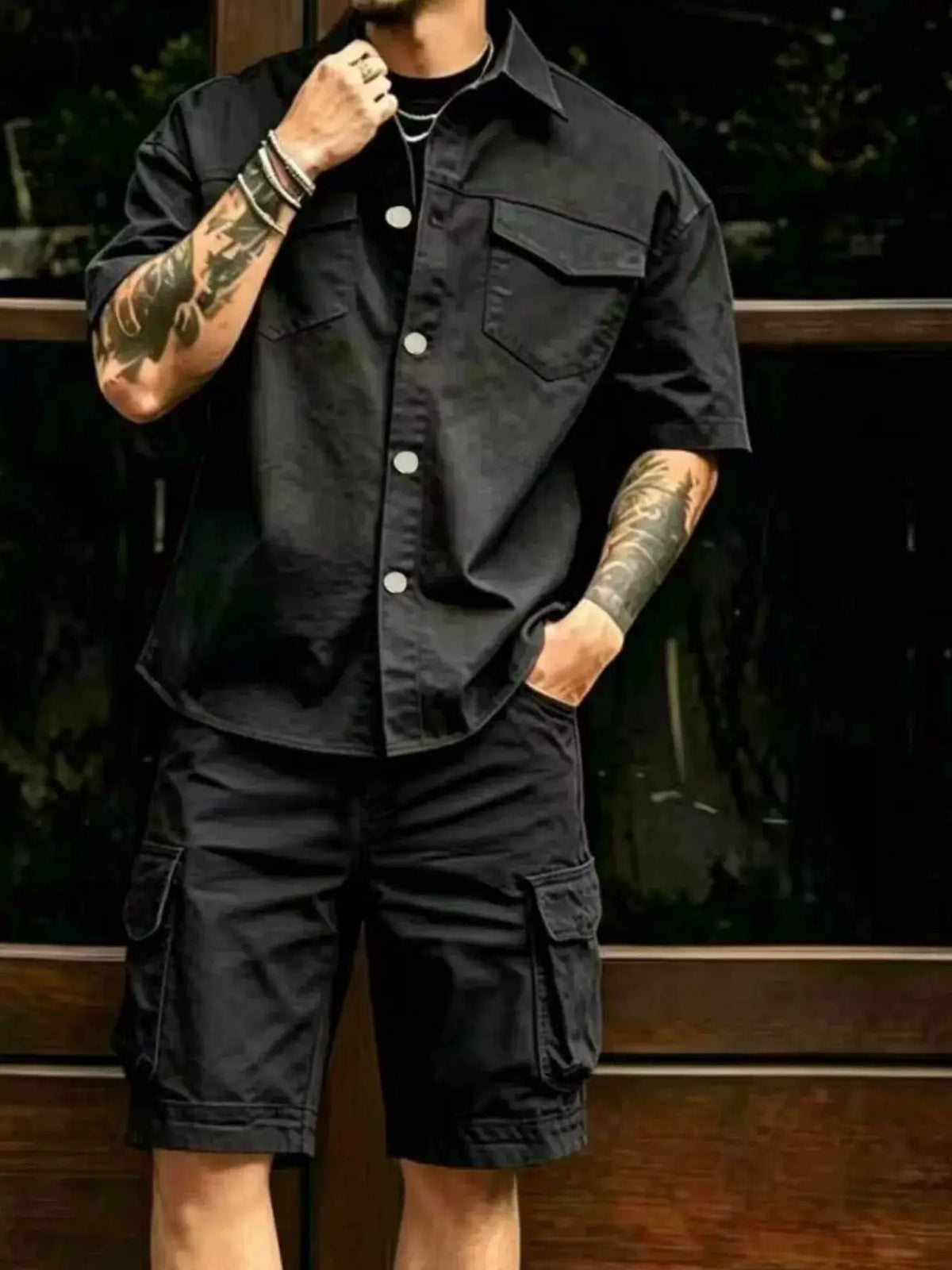 Men's plus-size black 2-piece cargo shirt and shorts set with button-front closure and pockets