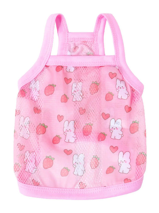 Breathable mesh pet top, pink with bunny and strawberry print, Trendsi pet shirt