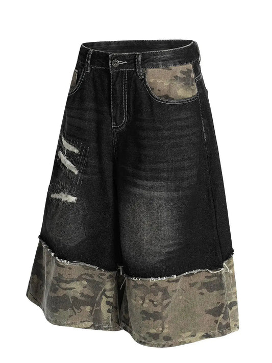 Mens distressed denim shorts with camo panel, cotton stretch by Trendsi