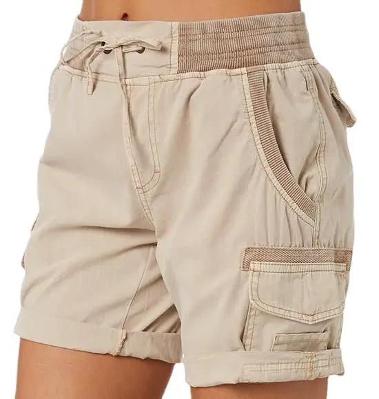 Lightweight women's beige cargo shorts with drawstring, elastic waist, rolled cuffs, and deep pockets