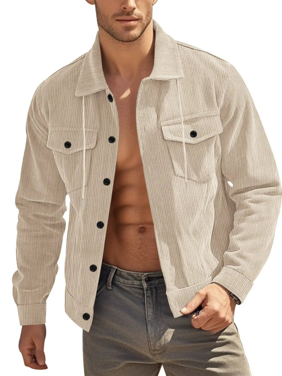 Men's plus-size corduroy button-up jacket in beige with chest pockets and black buttons.