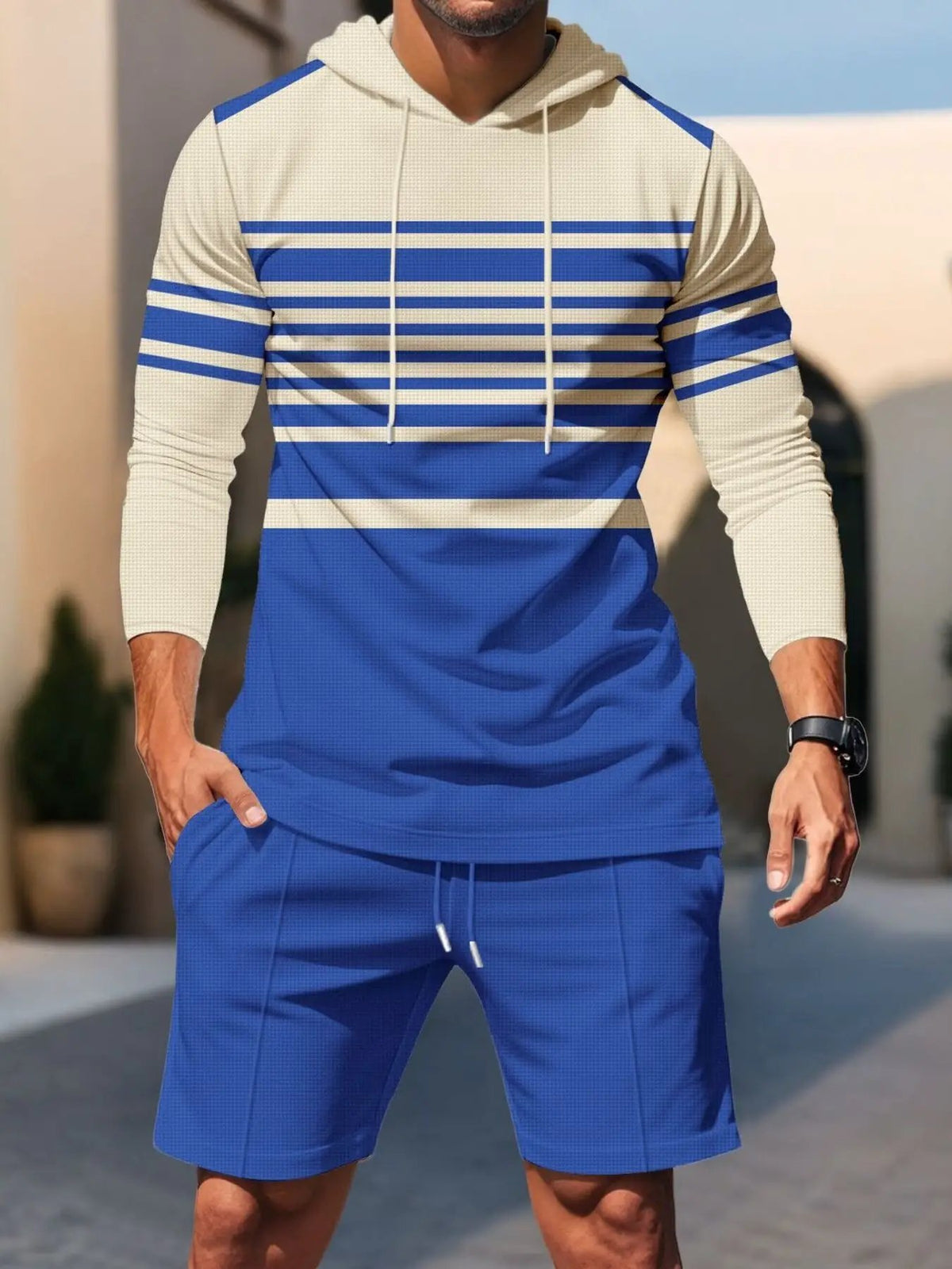 Men's striped hoodie and shorts loungewear set in cream and blue, with drawstrings and drawstring shorts, plus size