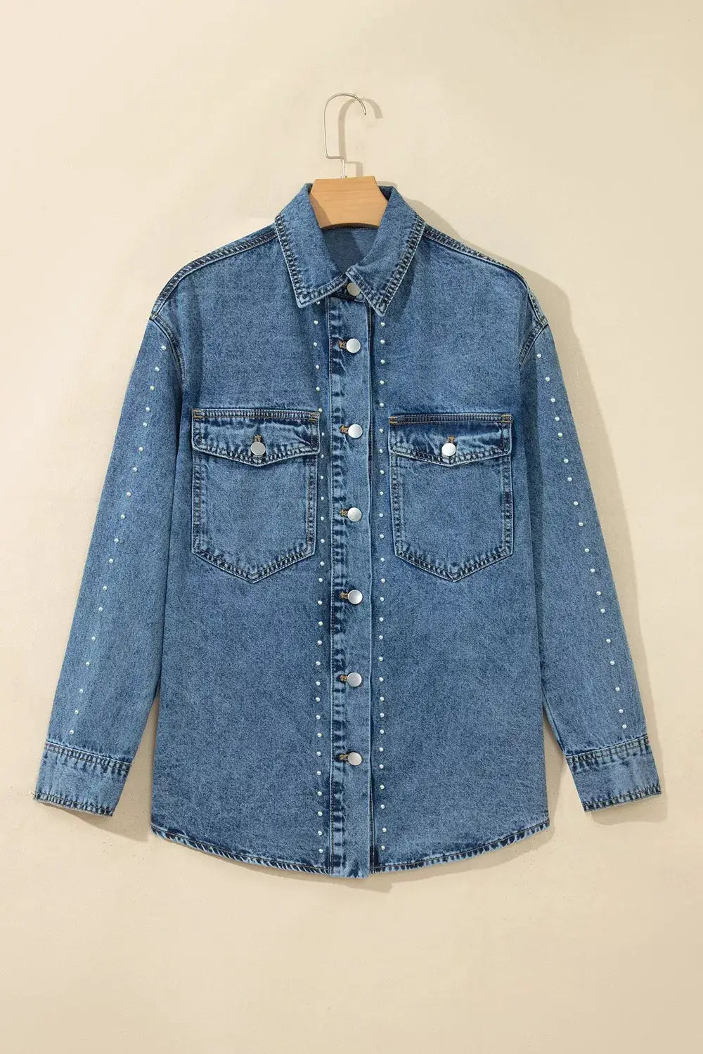 Denim jacket with rivet studs, blue cotton, Western style, front button closure, two chest pockets
