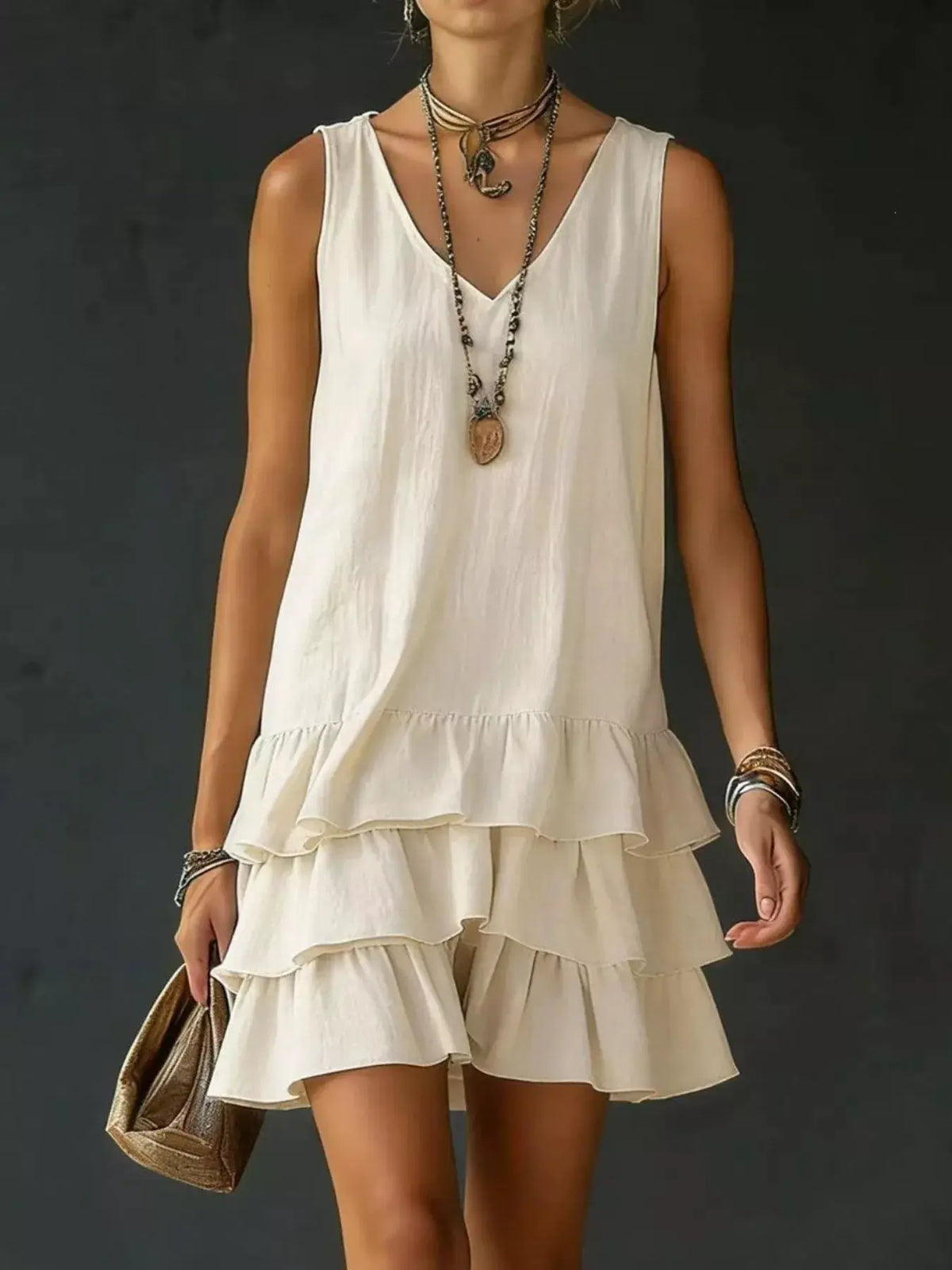 Trendsi full-size plus-size v-neck sleeveless dress with layered ruffled hem in ivory